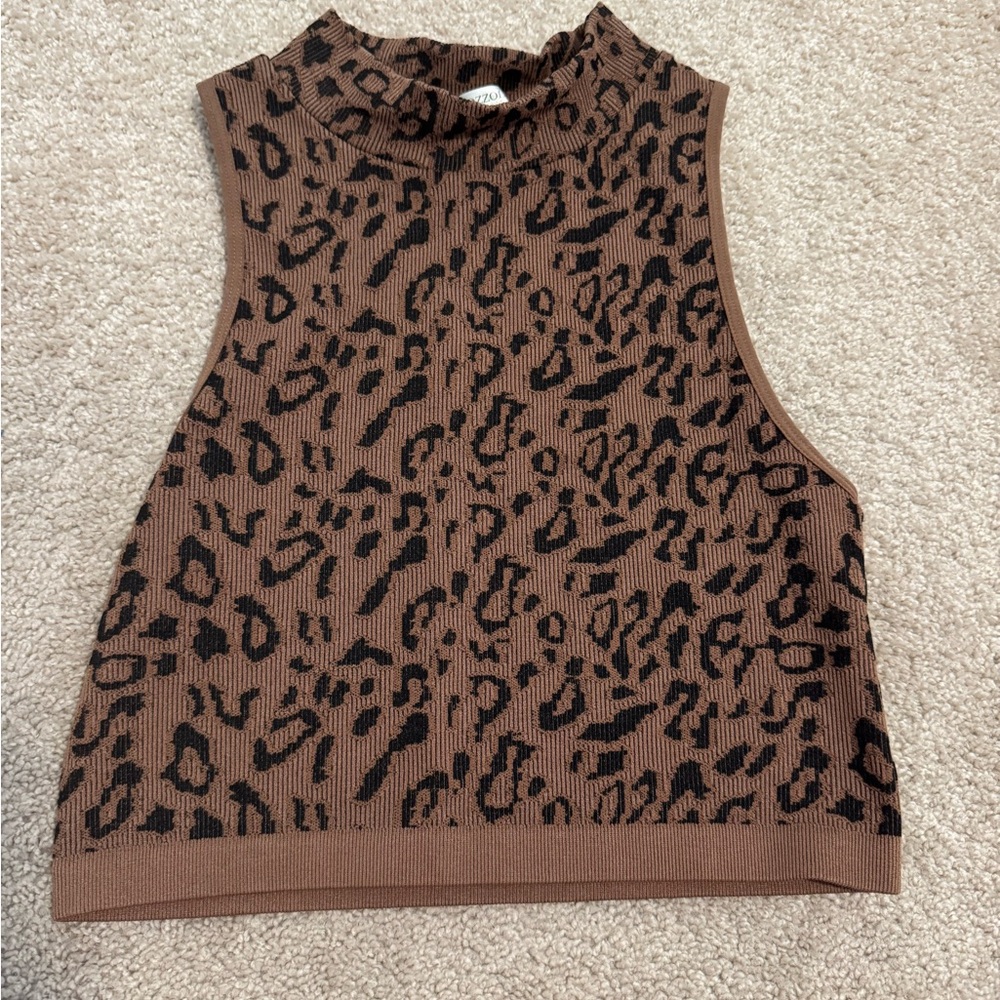 Bozzolo Brown Crop Tank Top with Mandarin Collar